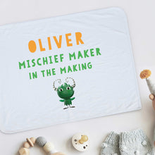 Load image into Gallery viewer, Uh Oh Milo! Mischief Maker in the making - Personalised Baby Blanket
