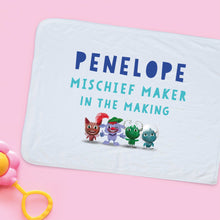 Load image into Gallery viewer, Uh Oh Milo! Mischief Maker in the making - Personalised Baby Blanket
